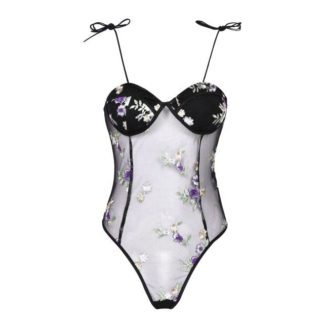 See-through Mesh Backless Lingerie Bodysuits Womens Erotic Sexy Floral Butterfly Embroidery Lace-up Sheer Leotard Costume