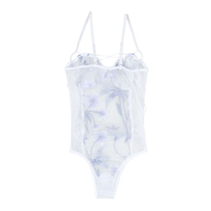 See-through Mesh Backless Lingerie Bodysuits Womens Erotic Sexy Floral Butterfly Embroidery Lace-up Sheer Leotard Costume