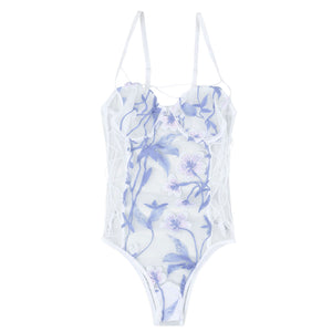 See-through Mesh Backless Lingerie Bodysuits Womens Erotic Sexy Floral Butterfly Embroidery Lace-up Sheer Leotard Costume