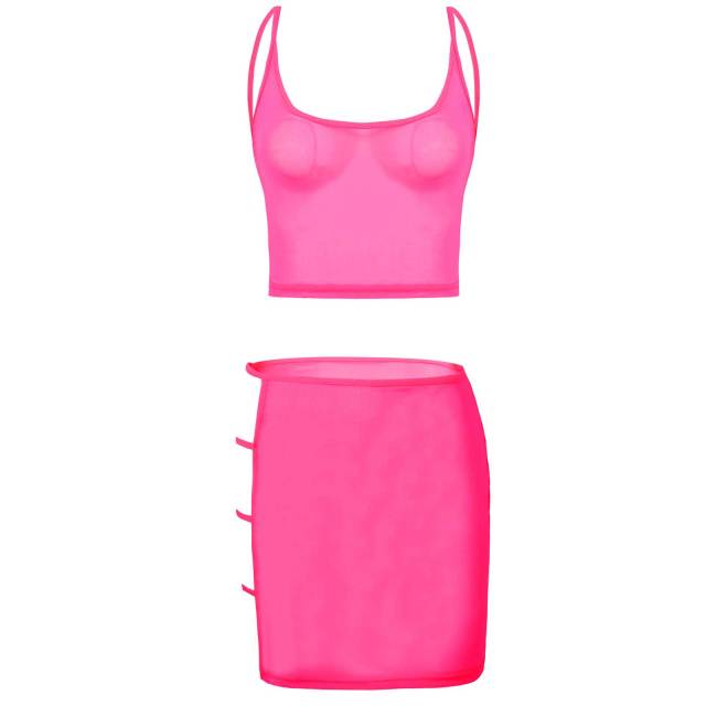 See-through Mesh Lingerie Set Womens Crop Top with Mini Skirt Sexy Suit Nightwear Hollow Out Strappy Swimsuit Beachwear Clubwear