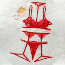 Load image into Gallery viewer, Sensual Lingerie Exotic Costumes Lace Floral Embroidery Underwear Transparent Underwite Bra with Garters and Thongs Sexy Erotic