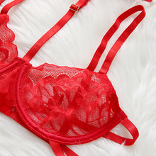 Load image into Gallery viewer, Sensual Lingerie Exotic Costumes Lace Floral Embroidery Underwear Transparent Underwite Bra with Garters and Thongs Sexy Erotic