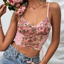 Load image into Gallery viewer, Sensual Lingerie Floral Embroidery Block Criss Sexy Backless Tank Lettuce Trim Knitted Vest Women Summer Patchwork Crop Top