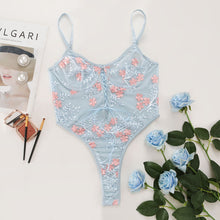 Load image into Gallery viewer, Sensual Lingerie Floral Embroidery Bodysuit Sexy Bandage Lace Up Deep-V Body Underwire Bra Summer Woman Mesh Erotic Costumes