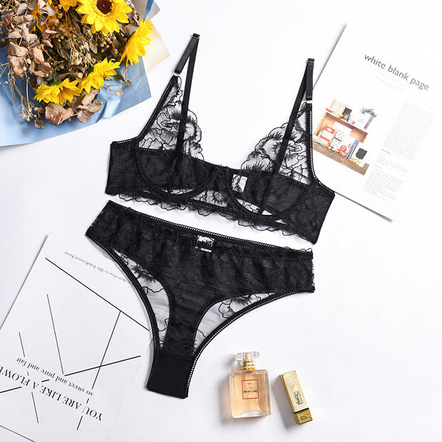 Sensual Lingerie Lace Underwear Set Floral Embroidery Perspective Exotic Bra and Brief Sets Ladies Sexy Intimate Erotic Suit