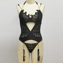 Load image into Gallery viewer, Sensual Lingerie Woman Sexy Floral Embroidery Satin Lace Bodysuit Hollow Out Skinny Body Top Femme Metal Chain Garter Erotic Bra