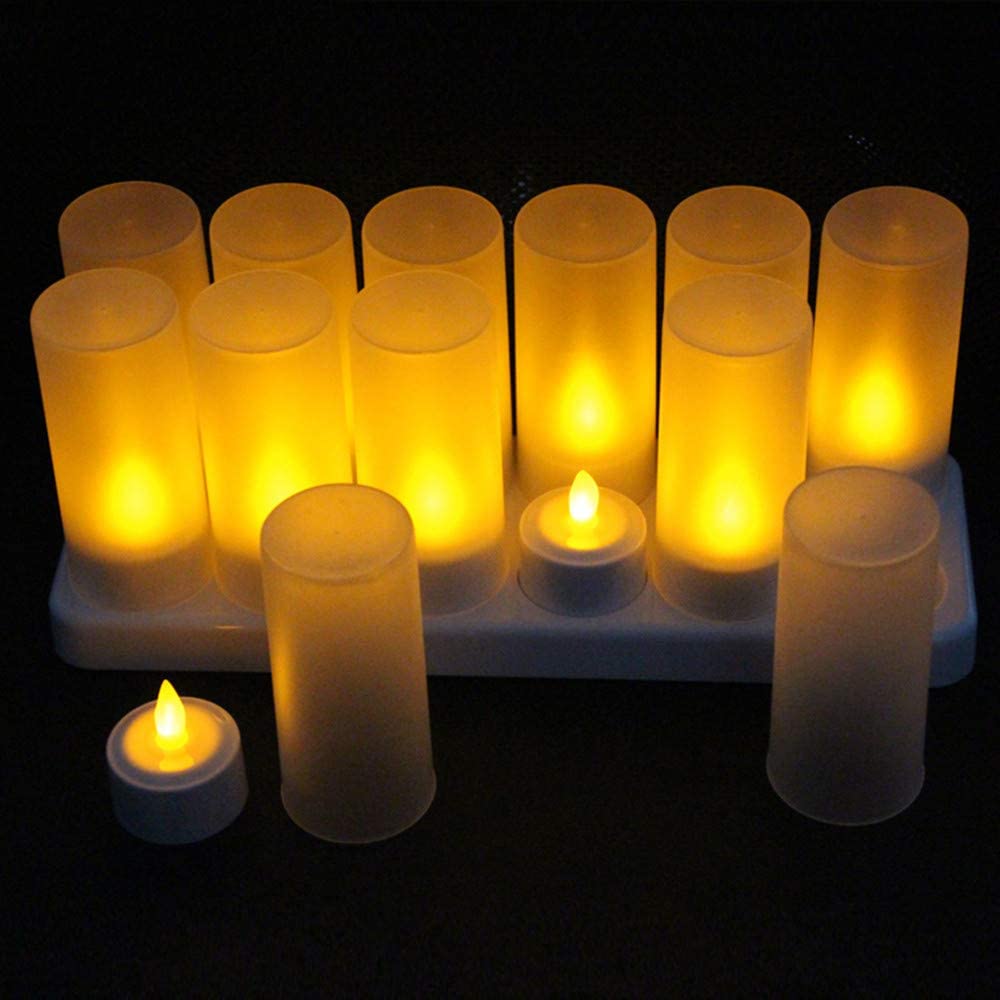 Set of 12 Rechargeable led Candle Flameless Tealight Electric light Xmas Valentine Wedding Church Home Bar Table Decoratio-AMBER