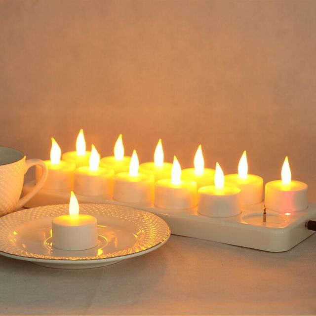 Set of 12 Rechargeable led candle Flameless Static TeaLight electric lamp waxless Valentine Home Wedding Xmas Table decor-AMBER