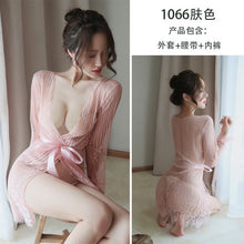 Load image into Gallery viewer, Sex Perspective Stripe Lace Low-Cut Pajamas Bathrobe Underwear Women Hollow Embroidery Long Sleeve Laceup Lingerie Large Size
