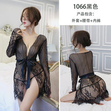 Load image into Gallery viewer, Sex Perspective Stripe Lace Low-Cut Pajamas Bathrobe Underwear Women Hollow Embroidery Long Sleeve Laceup Lingerie Large Size
