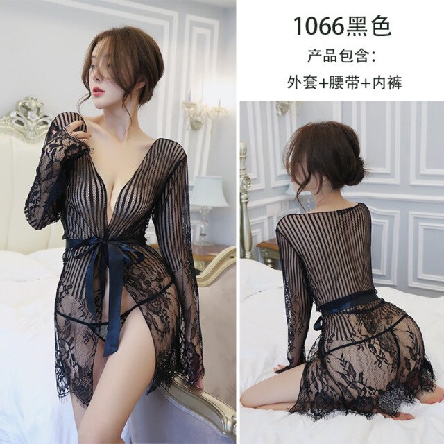 Sex Perspective Stripe Lace Low-Cut Pajamas Bathrobe Underwear Women Hollow Embroidery Long Sleeve Laceup Lingerie Large Size