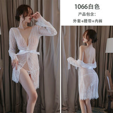 Load image into Gallery viewer, Sex Perspective Stripe Lace Low-Cut Pajamas Bathrobe Underwear Women Hollow Embroidery Long Sleeve Laceup Lingerie Large Size