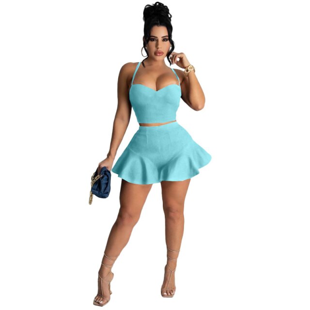 Sexy 2 Piece Set Women Summer Backless Crop Top Ruffles Shorts Suits Birthday Party Club Outfits for Women Matching Sets Elegant