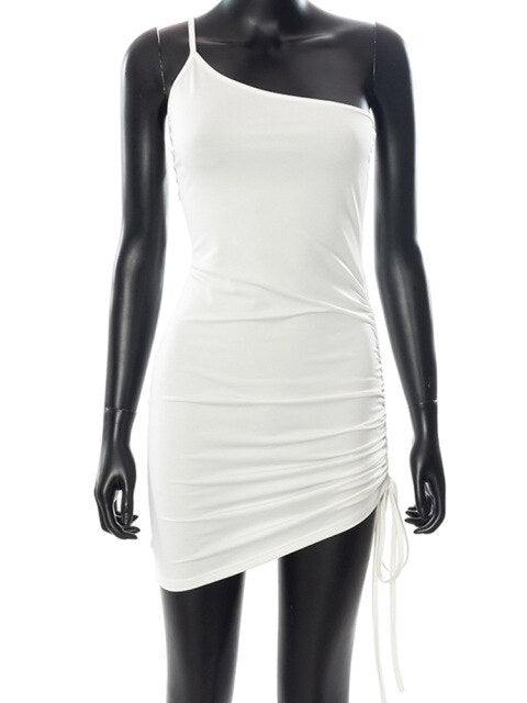 Sexy Asymmetric Shirring Patchwork Women Dress One Shoulder Low Cut Solid Color Sleeveless Pleated Dress Women 2022 Summer New