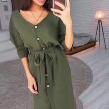 Load image into Gallery viewer, Sexy Back V Neck Button Women&#39;s Dress Casual Loose Long Sleeve Midi Dress Ladies Autumn Winter Fashion Solid Color Sashes Dress