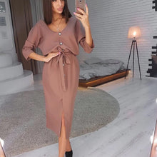Load image into Gallery viewer, Sexy Back V Neck Button Women&#39;s Dress Casual Loose Long Sleeve Midi Dress Ladies Autumn Winter Fashion Solid Color Sashes Dress