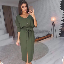 Load image into Gallery viewer, Sexy Back V Neck Button Women&#39;s Dress Casual Loose Long Sleeve Midi Dress Ladies Autumn Winter Fashion Solid Color Sashes Dress