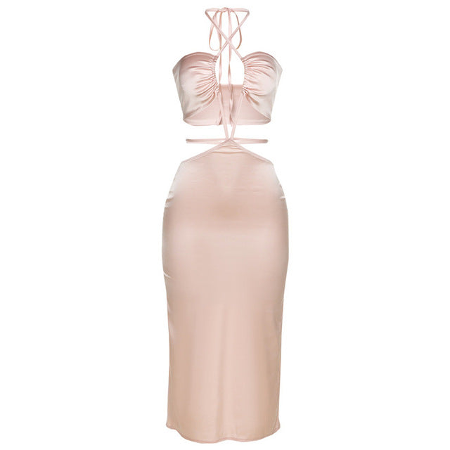 Sexy Backless Cutout Maxi Dress Club Party Outfits for Women Sleeveless Pink  Elegant Straps V neck Prom Dresses Casual Vestidos