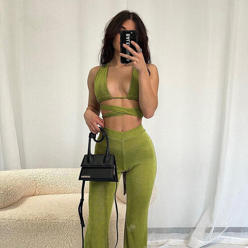 Sexy Bandage Backless Top and Pant Sets Sleeveless Solid Women's Sets Fashion Outfits Matching Set Flare Pants