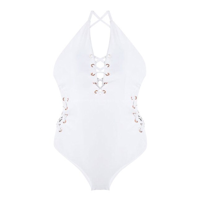 Sexy Bandage White One Piece Swimsuit Lady 2022 Monokini Solid Swimwear Women Swim Bath Suit