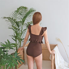 Load image into Gallery viewer, Sexy Bandeau One Piece Swimsuit Women Solid Brown Swimwear Open Back Monokini Ruffle Bathing Suit Open Back Trikini Push Up Pad