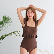 Load image into Gallery viewer, Sexy Bandeau One Piece Swimsuit Women Solid Brown Swimwear Open Back Monokini Ruffle Bathing Suit Open Back Trikini Push Up Pad