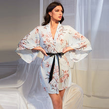 Load image into Gallery viewer, Sexy Bathrobe Froal Print Belted Night Robe Mesh Nightwear Cozy Bridesmaid Robe Wedding Party Nightdress