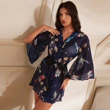 Load image into Gallery viewer, Sexy Bathrobe Froal Print Belted Night Robe Mesh Nightwear Cozy Bridesmaid Robe Wedding Party Nightdress