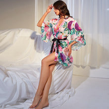 Load image into Gallery viewer, Sexy Bathrobe Froal Print Belted Night Robe Mesh Nightwear Cozy Bridesmaid Robe Wedding Party Nightdress