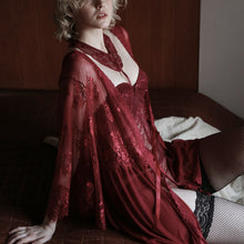 Load image into Gallery viewer, Sexy Bathrobe Temptation Transparent Pajamas Underwear Set Eyelash Lace Mesh Robe Kimono Blouse Women Sleepwear with G-string