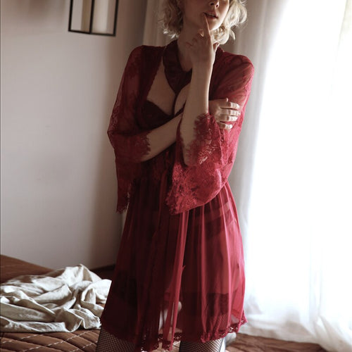Sexy Bathrobe Temptation Transparent Pajamas Underwear Set Eyelash Lace Mesh Robe Kimono Blouse Women Sleepwear with G-string