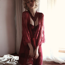 Load image into Gallery viewer, Sexy Bathrobe Temptation Transparent Pajamas Underwear Set Eyelash Lace Mesh Robe Kimono Blouse Women Sleepwear with G-string