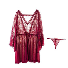 Load image into Gallery viewer, Sexy Bathrobe Temptation Transparent Pajamas Underwear Set Eyelash Lace Mesh Robe Kimono Blouse Women Sleepwear with G-string