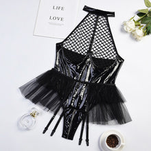 Load image into Gallery viewer, Sexy Black Leather Porn Body Lingerie Women Crotch Zipper Fishing Net Latex Bodysuit Ruffle Garters Halter Sexy Costume Sissy