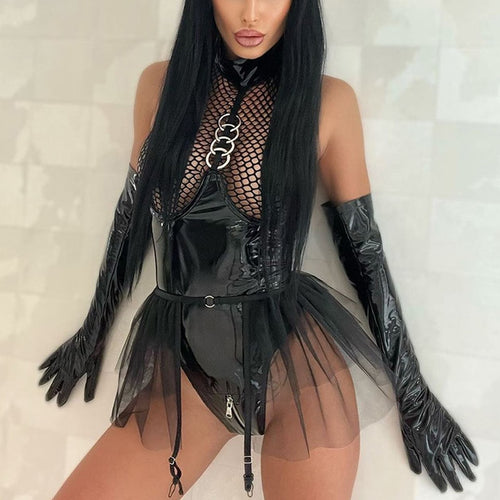Sexy Black Leather Porn Body Lingerie Women Crotch Zipper Fishing Net Latex Bodysuit Ruffle Garters Halter Sexy Costume Sissy