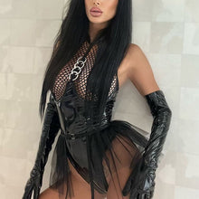 Load image into Gallery viewer, Sexy Black Leather Porn Body Lingerie Women Crotch Zipper Fishing Net Latex Bodysuit Ruffle Garters Halter Sexy Costume Sissy