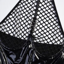 Load image into Gallery viewer, Sexy Black Leather Porn Body Lingerie Women Crotch Zipper Fishing Net Latex Bodysuit Ruffle Garters Halter Sexy Costume Sissy