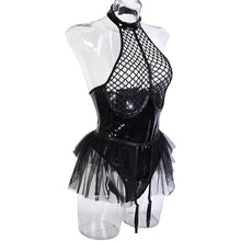 Load image into Gallery viewer, Sexy Black Leather Porn Body Lingerie Women Crotch Zipper Fishing Net Latex Bodysuit Ruffle Garters Halter Sexy Costume Sissy