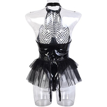 Load image into Gallery viewer, Sexy Black Leather Porn Body Lingerie Women Crotch Zipper Fishing Net Latex Bodysuit Ruffle Garters Halter Sexy Costume Sissy