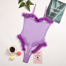 Load image into Gallery viewer, Sexy Black Patchwork Feathers Bodysuit Faux Fur Mesh Out Women One Piece Solid Outfits Sleeveless Transparent Rompers Jumpsuits