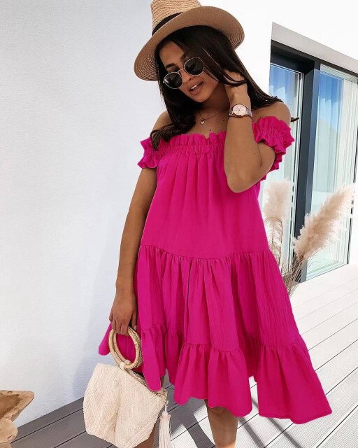 Sexy Black Short Sleeve Off Shoulder Dress Women Summer Fashion Casual Solid Loose A-line Dresses For Women 2021 Blue Robe Femme