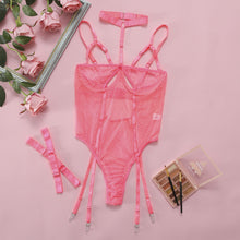 Load image into Gallery viewer, Sexy Bodysuit Underwear Set Women See Through Fishnet Lingerie Halter Open Cup Bandage Bodysuit Pink Transparent Corset Intimate