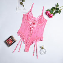 Load image into Gallery viewer, Sexy Bodysuits Corset Lace Embroidery Mesh Underwear Perspective Bra Erotic Costumes Ribbon Sensual Lingerie Garters Jumpsuit