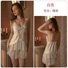 Load image into Gallery viewer, Sexy Bowknot V-neck Bandage Lace Nightgowns Sweet SkyBlue Black Women&#39;s Sleeveless Sling Sleepwear Loose Nightdress Tracksuit