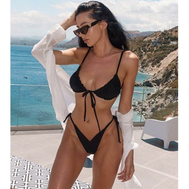 Sexy Butterfly Print Ruffle Frilled Thong Bikini Swimwear Women 2021 Female Swimsuit Micro String Bikini set Bathing Suit