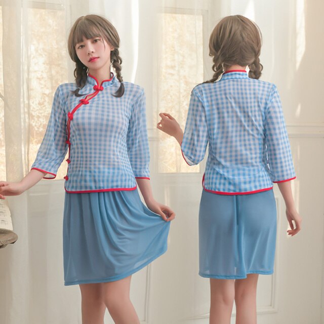 Sexy Chinese Style Role Play Schoolgirl Costume Women Seductive Lingerie  Plaid Cheongsam Dress Roleplay Erotic Cosplay Outfit