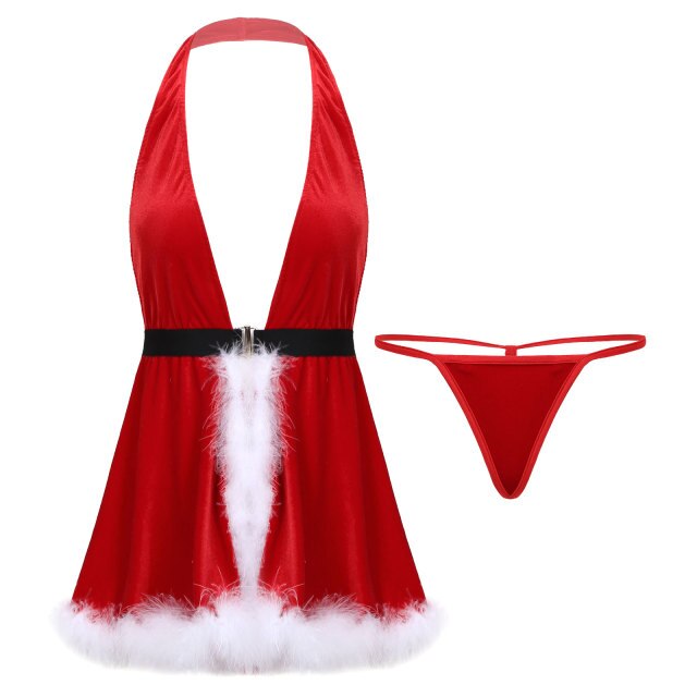 Sexy Christmas Lingerie Costumes Womens Velvet Christmas Halter Deep V Neck Backless Plunge Babydoll Split Dress with G-string