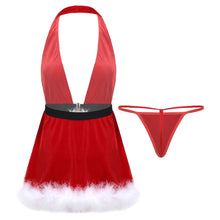 Load image into Gallery viewer, Sexy Christmas Lingerie Costumes Womens Velvet Christmas Halter Deep V Neck Backless Plunge Babydoll Split Dress with G-string