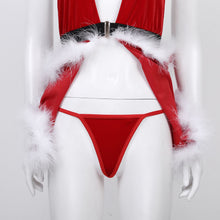 Load image into Gallery viewer, Sexy Christmas Lingerie Costumes Womens Velvet Christmas Halter Deep V Neck Backless Plunge Babydoll Split Dress with G-string