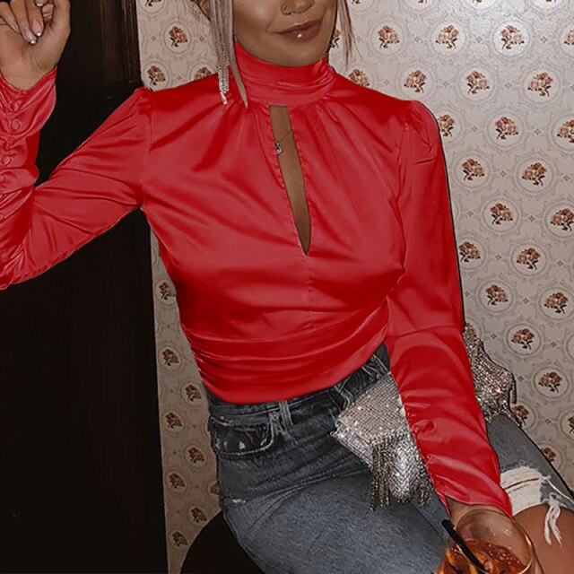 Sexy Crop Top Backless Solid Shirts Women Lace Up Turtleneck Long Sleeve Women's Blouse 2021 Spring Streetwear Satin Shirts